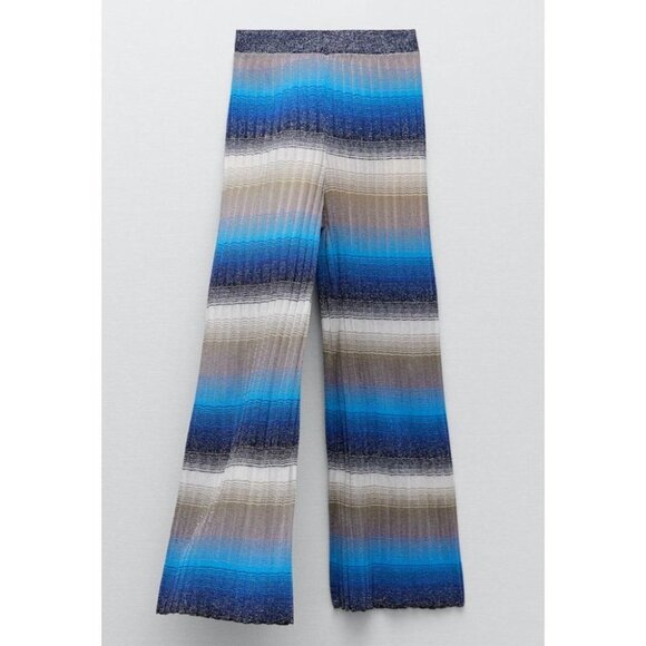 NWT  Zara Metallic Thread Knit Multi Blue Lightweight Wide Leg Summer Pants L - Picture 11 of 11